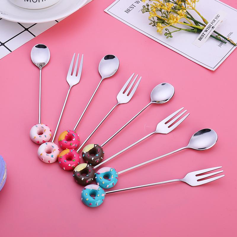 Mini Donut Cute Stainless Steel Doughnut Dessert Spoon Fork Coffee Ice Dinnerware Tablewa Cream Candy Kitchen Flatware Baby Kids