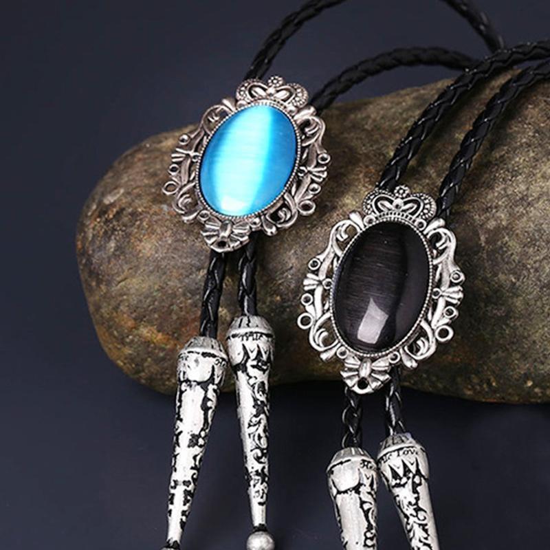 Men Western Vintage Cowboy Black Stone Agate Bolo Ties Rodeo Dance Bootlace Tie Necktie