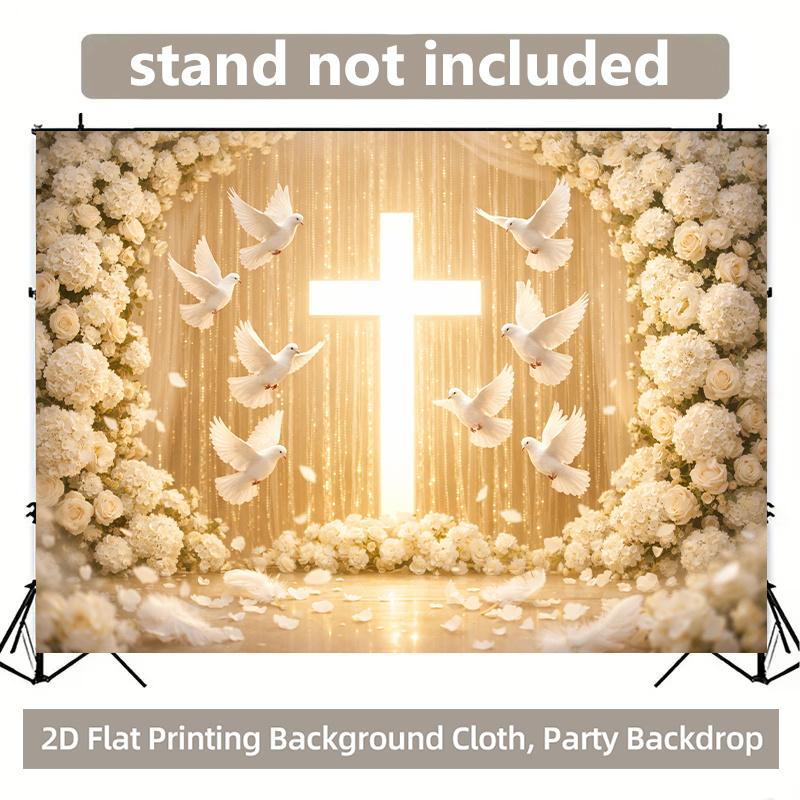 2D plane, 1 cross-shaped white dove background banner, symbolizing peace and tranquility, polyester fiber