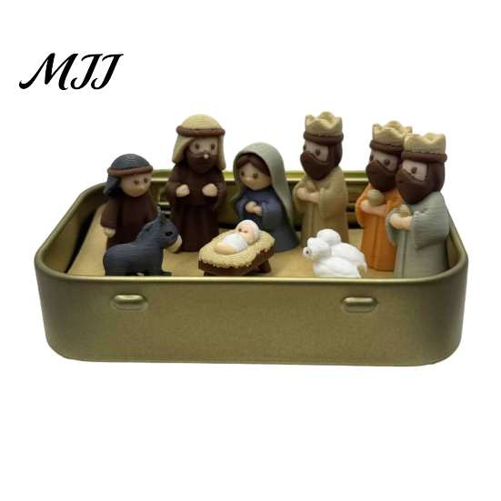 Niche Creative Holiday Present Mini Christmas Nativity Set in A Tin Box, 3D Printed Pocket Size Holy Family Retro Metal Storage Box Figurines,