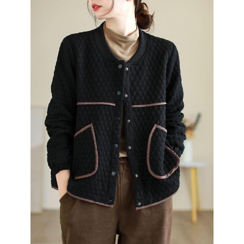 Women's Autumn Fashion Thin Cotton Jacket - Baseball Collar Jacket with Diamond Pattern
