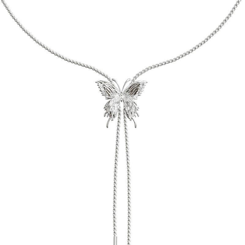 Premium Sense Can Pull Silver Butterfly Fringed Necklace Design Fashion Autumn And Winter Sweater Chain Collarbone Chain Jewelry
