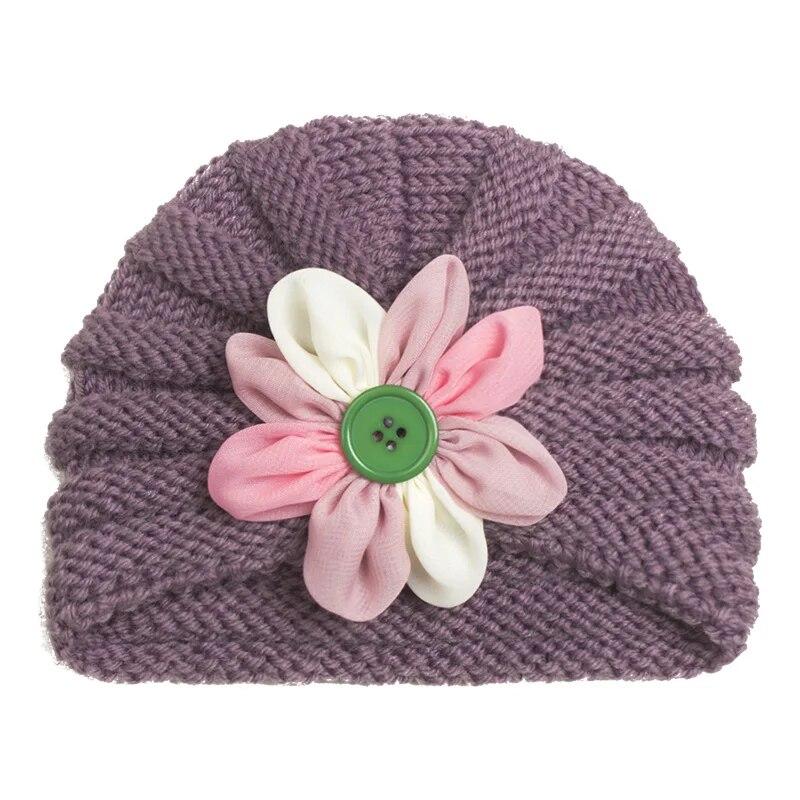 Вязаная детская шапка с пуговицами и цветком для мальчиков и девочек, осенне-зимняя теплая толстая мягкая шапочка, милая шерстяная шапочка для новорожденных малышей