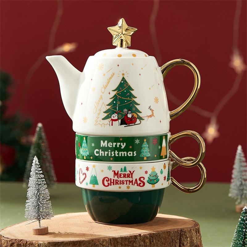Christmas Ceramic Teapot Teacups Set with Gift Box Santa Claus/Elk Cartoon Teaware Coffee Cup Home Party Decor Christmas Gifts