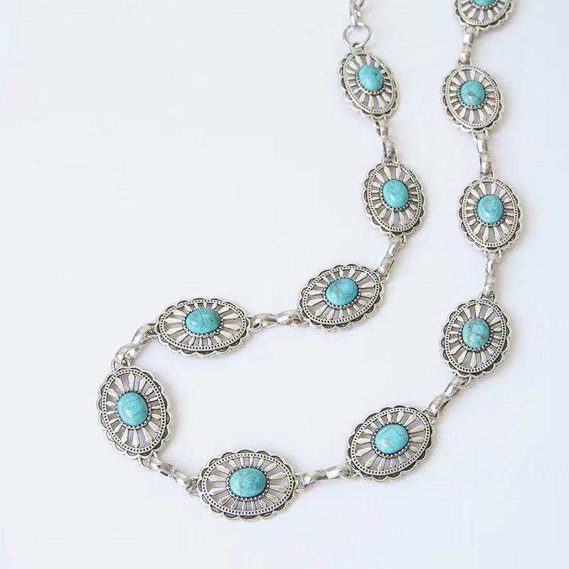 Bohemian Style Oval Turquoise Waist Chain Retro Decoration Belts For Women Girls  Versatile Dress Coat Carved Accessories