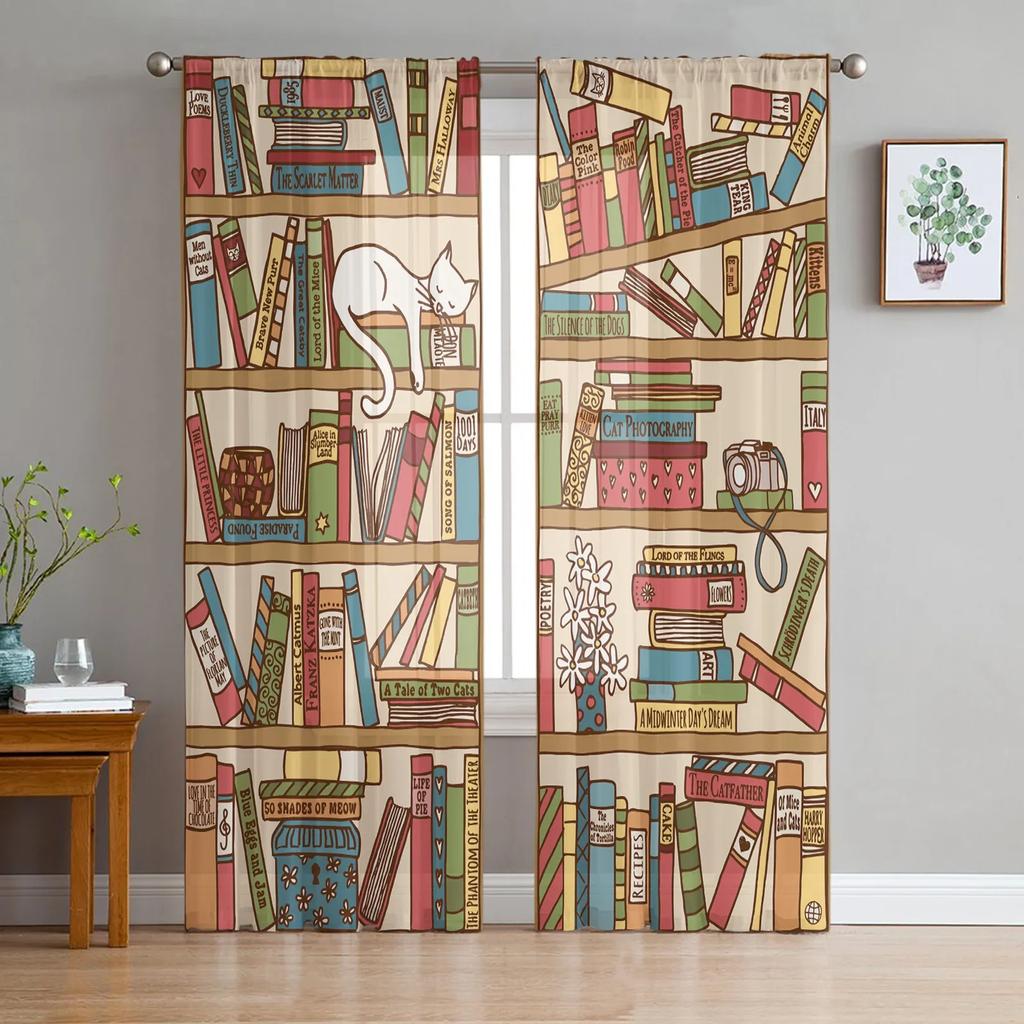 Cartoon Bookshelf Sleeping Cat Tulle Sheer Curtains for Living Room Decoration Window Curtain for Bedroom Voile Organza Drapes