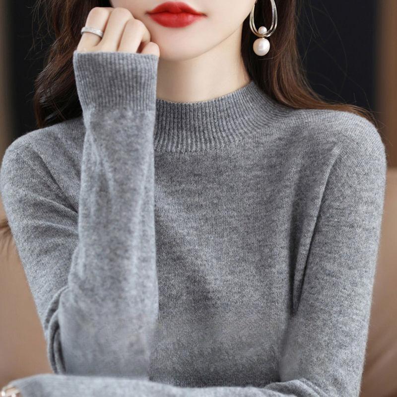 Женский свитер с полувысоким воротником на осень и зиму, утолщенный однотонный свободный шерстяной свитер, в сочетании с базовым топом