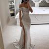Women's Sequin Prom Dress with Slit Sparkly Off Shoulder Gown Formal Mermaid Evening Party Maxi Dress