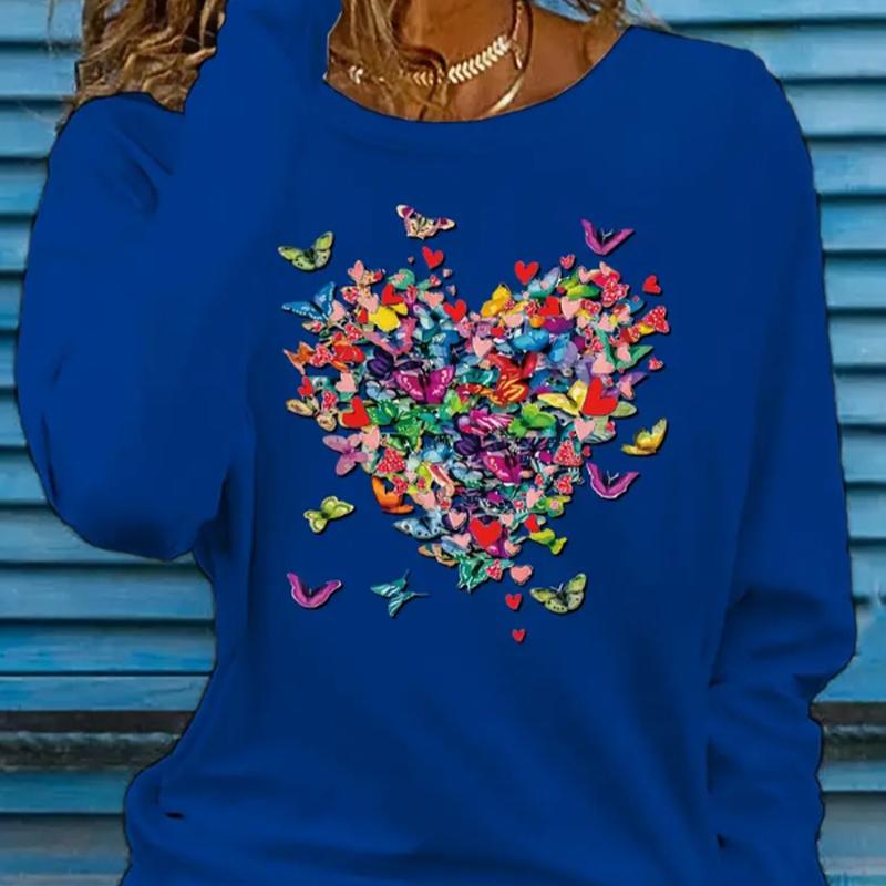 Топы для женщин с принтом в виде летящей бабочки, круглым вырезом и длинным рукавом, футболка на осень, облегающий женский топ с длинным рукавом