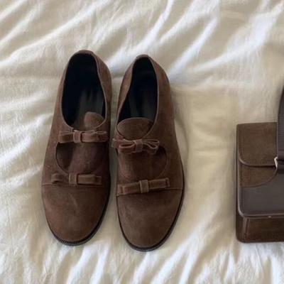 Версия из коровьей кожи~ ретро тупой носок глубокий вырез двойной бант лоферы женские осень и зима толстый каблук универсальные маленькие кожаные туфли одинарные туфли