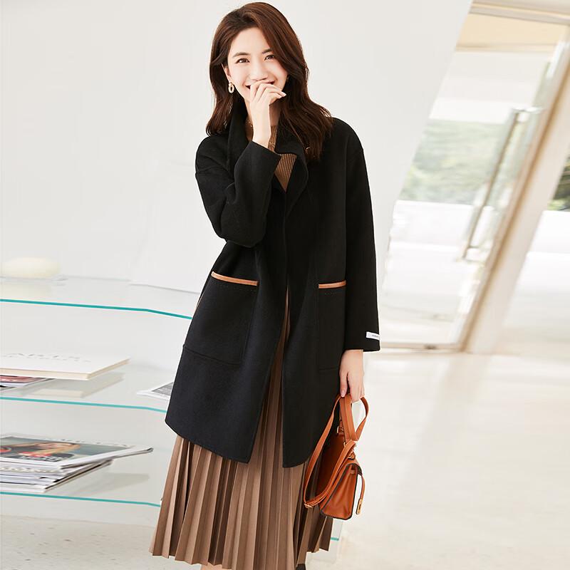 VICTORIA&VERA Women's Winter Leather Buckle Double-Faced Wool Coat
