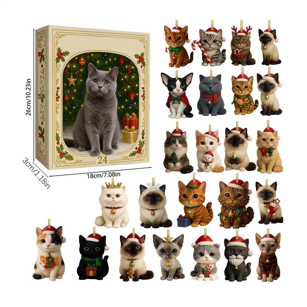 Advent Cat Calendar 2026 Christmas Advent 24-Day Cute 2d Cat Pendant Decorative Charm Countdown Calendar for Pet Lovers