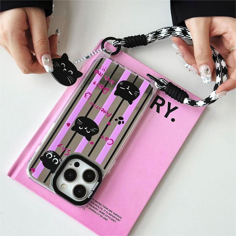 Чехол Zhitai Cartoon Mirror для iPhone 15 Pro/14 Pro Max/13/12/16 с ремешком