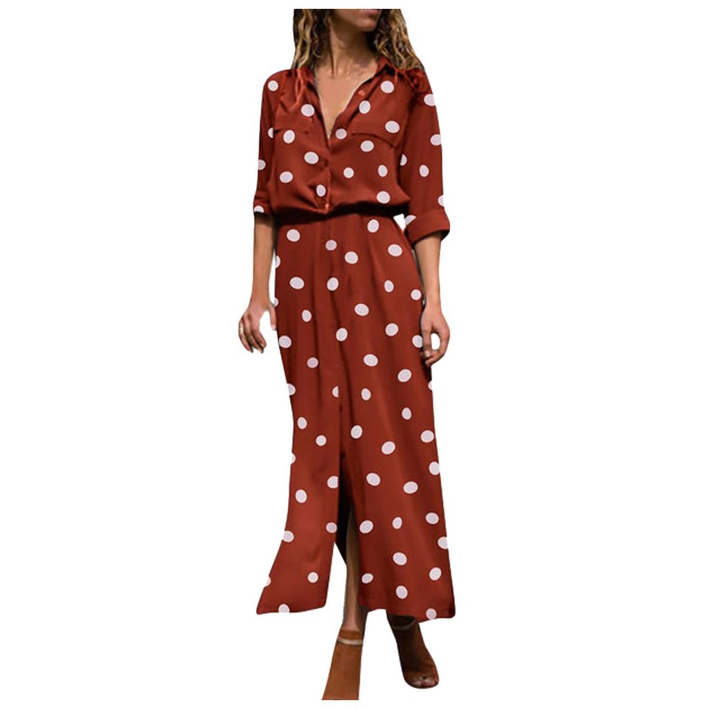 Women's Fashion Casual Polka Dot Print Lapel Long Sleeves Single-breasted Stitching Loose Waist Hem Split Chiffon Dress