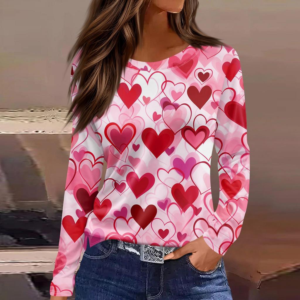 Женская модная повседневная футболка с разрезом и круглым вырезом, длинным рукавом, с принтом ко Дню святого Валентина, женская футболка