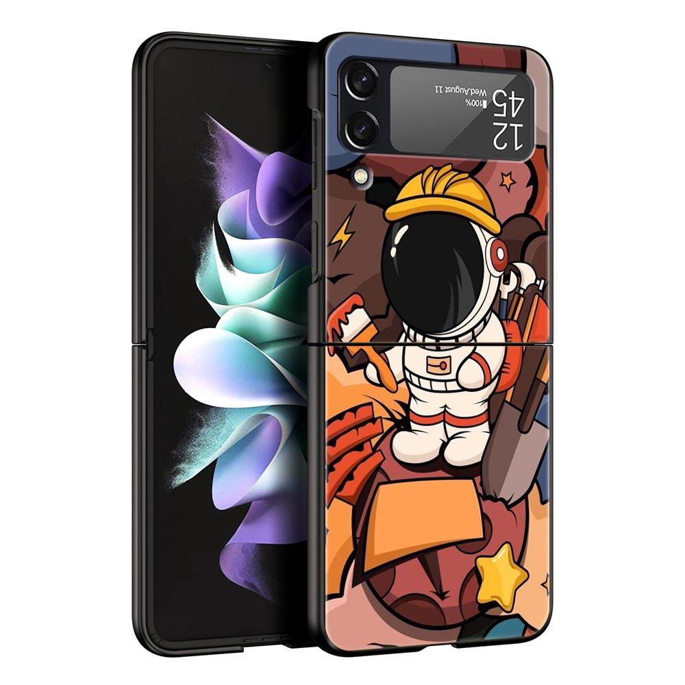 Cartoon Cute Cosmonaut Hard PC Phone Case For Samsung Galaxy Z Flip 7 6 5 4 Black Cover For Galaxy Z Flip3 Foldable Fundas Shell