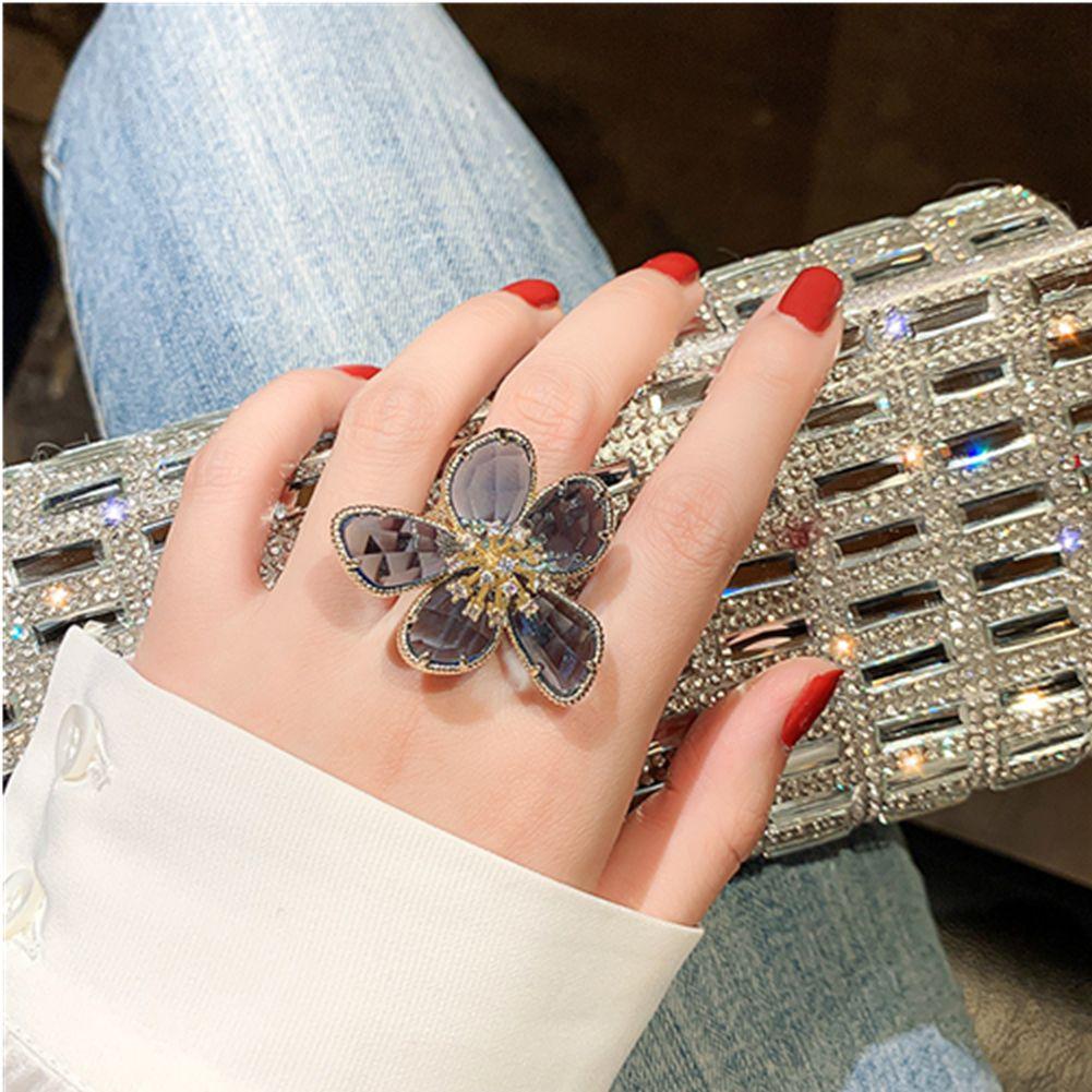 Women Girl Luxury Single Shine Big Flower Crystal Ring Fairy Ring Open Adjustable Rhinestone Flower