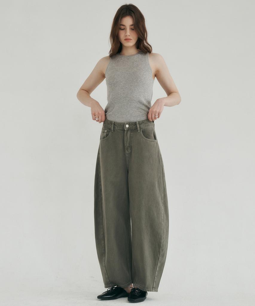 LOSSYROW Curved Wide Denim Pants Khaki