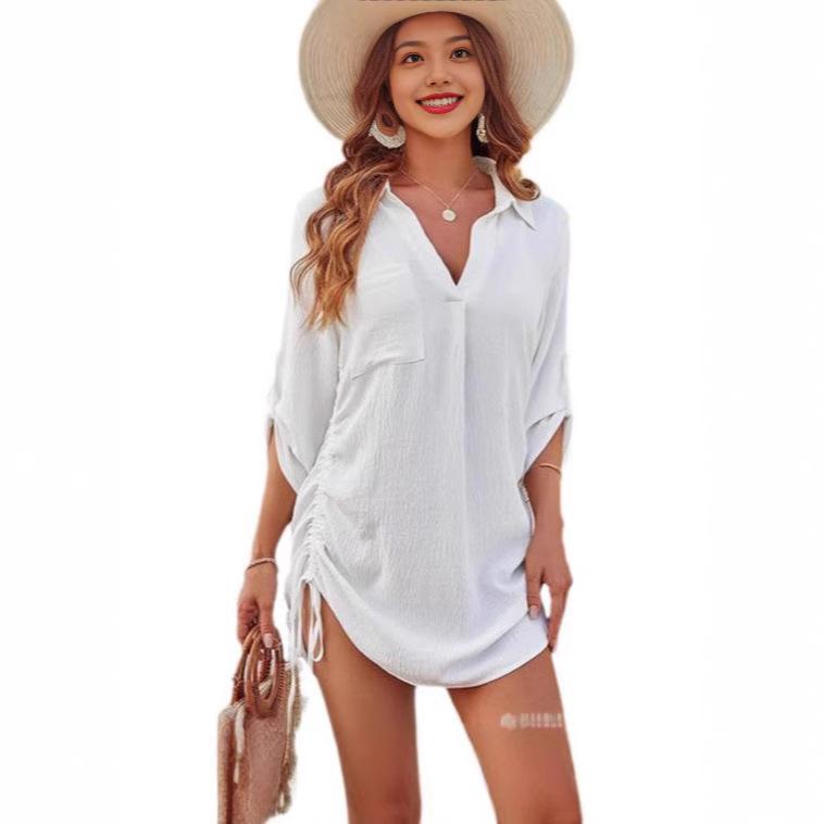 Женская рубашка с рукавом три четверти, отложным воротником, в стиле business casual, однотонная, пляжная туника-накидка