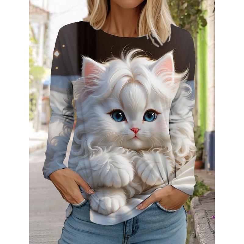 Autumn and Winter Women's Long Sleeve 3D Printed Kitten Cute Print T-Shirt Women's Streetwear Round Neck Long Sleeve