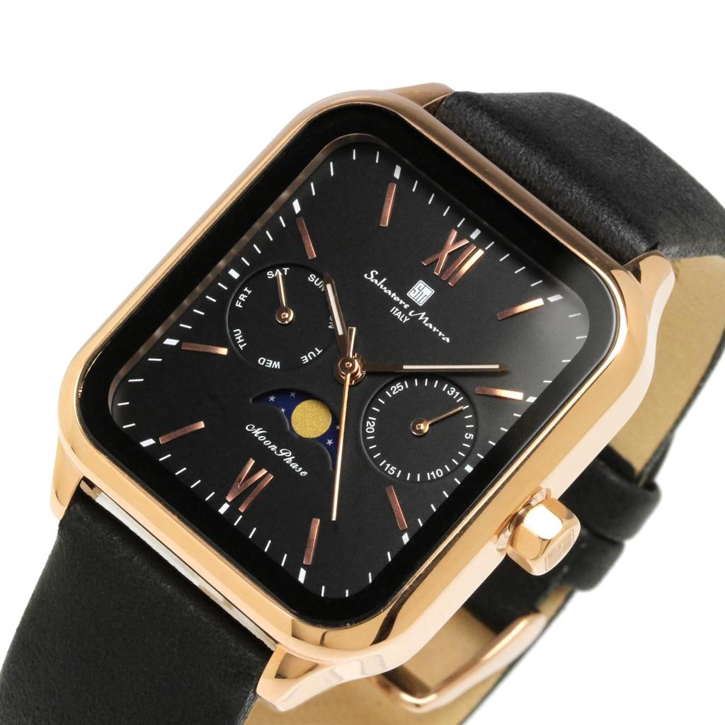 Фазы Луны Квадратные Квадратные Мульти Календарь Ежедневные Водонепроницаемые Деловые Формальные Кожаный Ремешок Ограниченная Модель Розовое Золото Черный [Salvatore Mara] Мужские