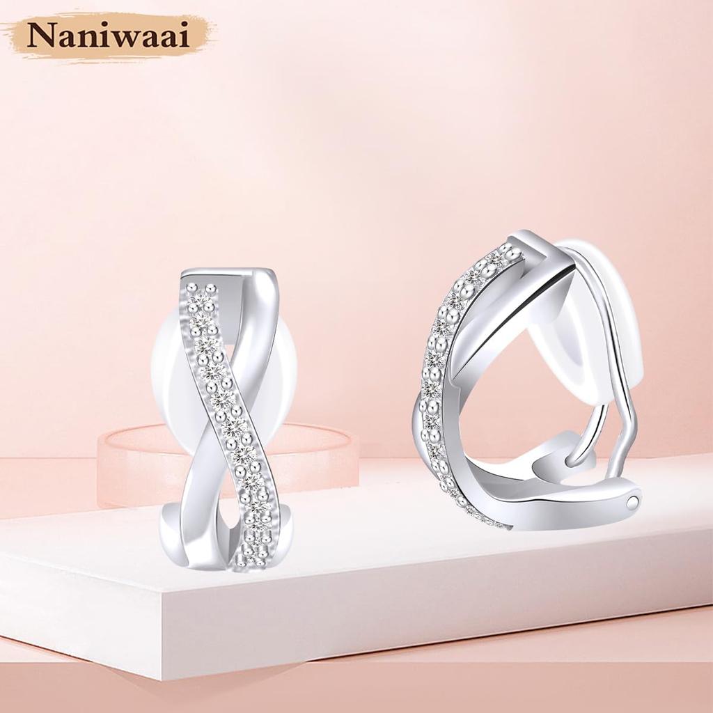 Naniwaai Earrings for High Quality Painless 925 18K Platinum for White Day Women, Popular, Zirconia, Earrings, Silver, Twisted, Hypoallergenic, Gold,