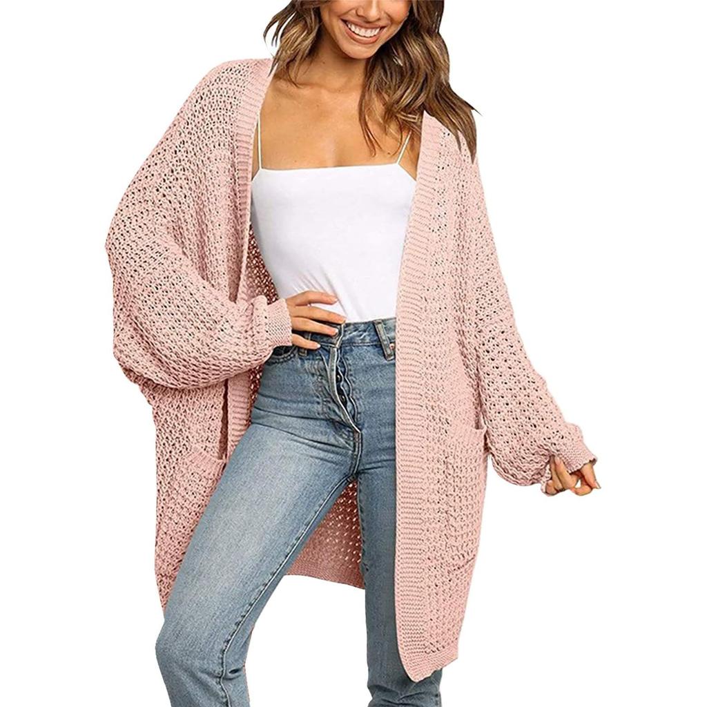 Женская мода Повседневный открытый спереди Длинный рукав Кардиганы крупной вязки Свитера Верхняя одежда Пальто