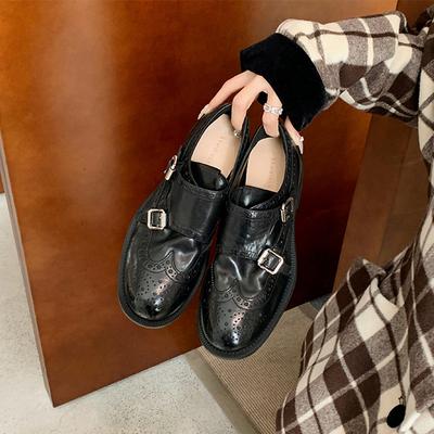 Виноградная мать осень и зима новые Хаттон Колледж~ Усадка лошадиная кожа двойная пряжка круглый носок толстый каблук универсальный стиль кожаные туфли женские