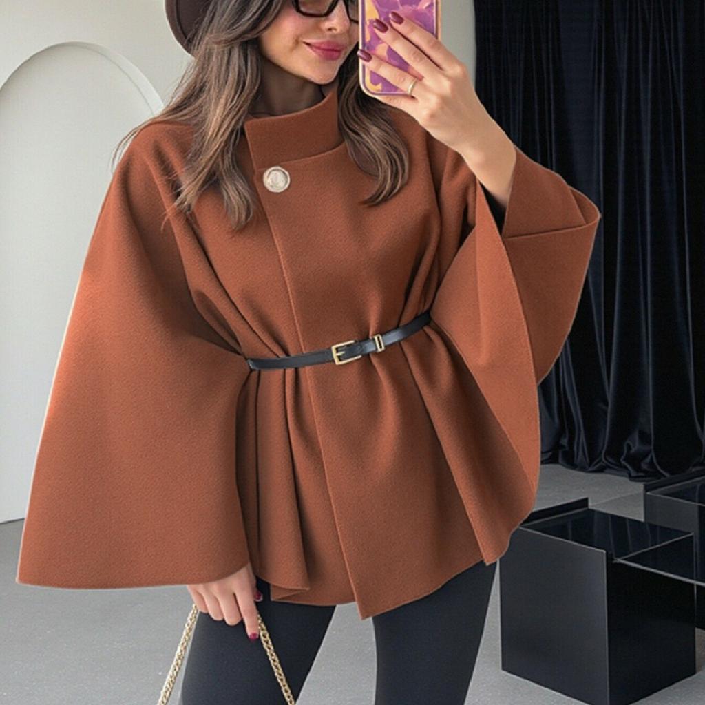 Women's Fashion Solid Waist Tie Woolen Cape Coat
