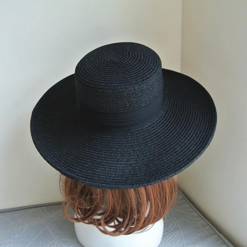 Korea Foreign Trade Summer French Wide Brim White Black Flat Top Straw Hat Women'S Sunshade Sun Hat Panama Top Hat