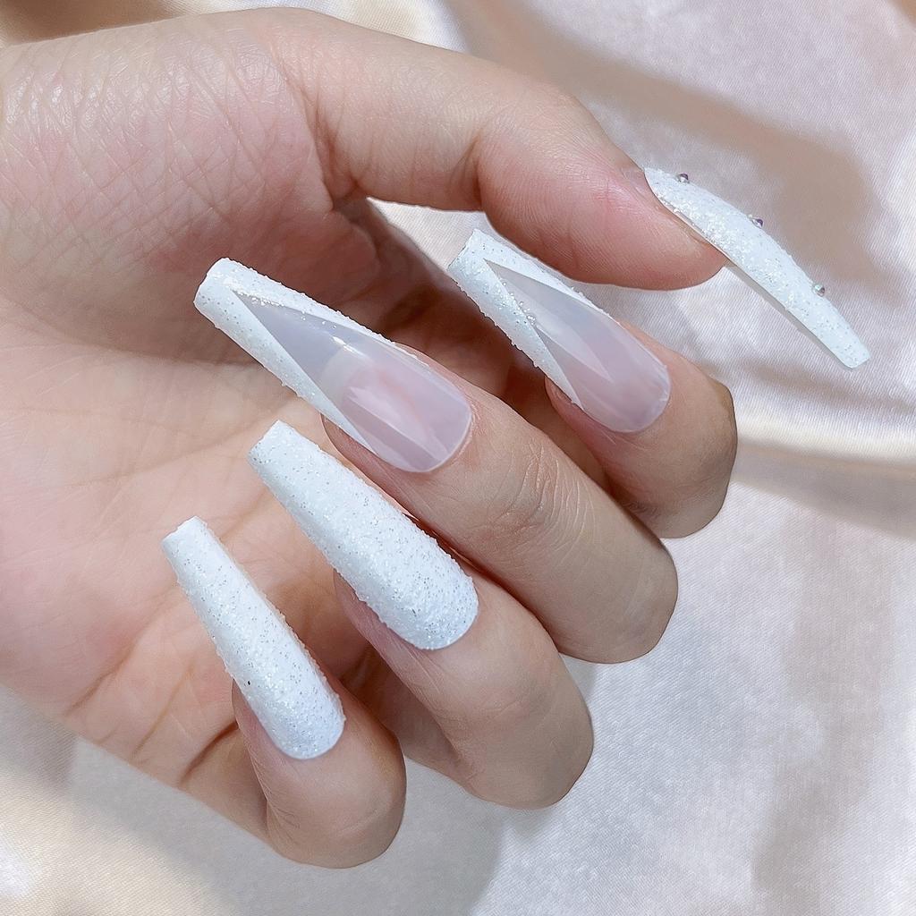 Super Long Ballet Nail Art, Fashionable Nail Art, Matte V-Shaped French Wearable False Nails
