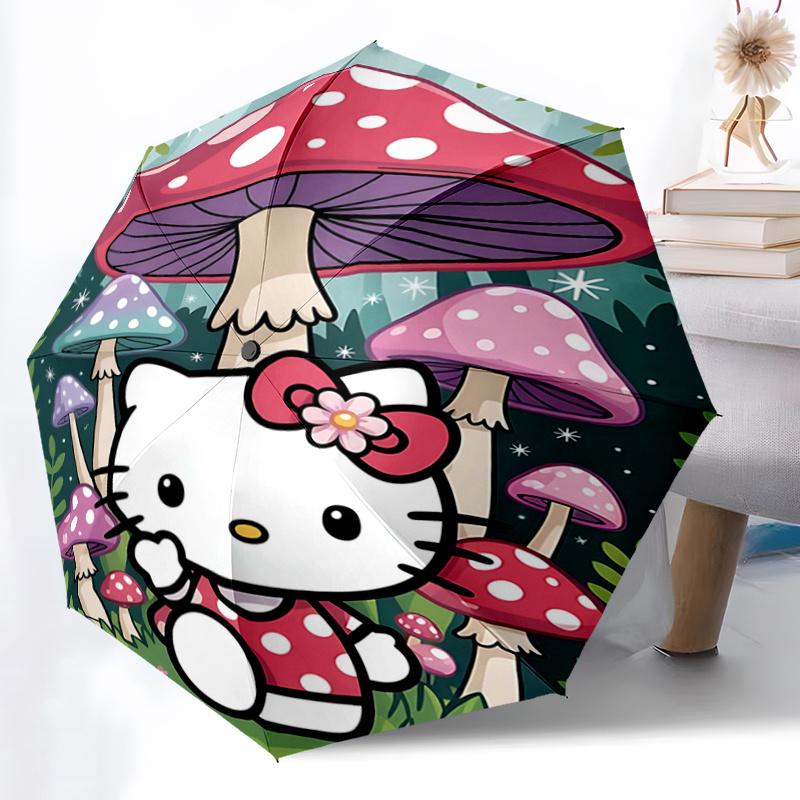 1pc Hello Kitty Mushroom Automatic Opening/Closing Umbrella - Portable Three-Fold Design with 8-Bone Iron Frame, Outdoor, Gift for Fans, Travelers, Ev