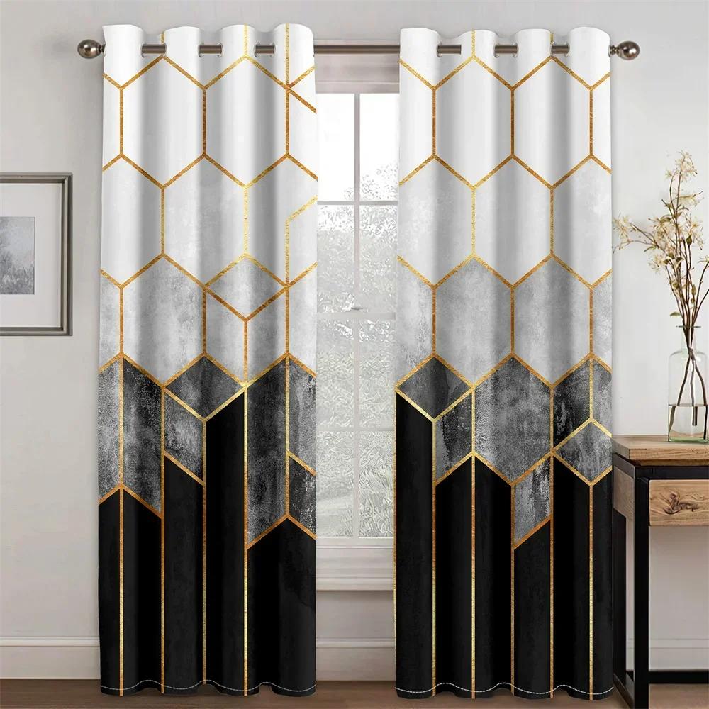 3D Cheap Modern Black and White Classic Gradient Marble 2 Pieces Thin Shading Window Curtain for Living Room Bedroom Decor Hook