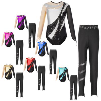 Детский гимнастический наряд для девочек с металлической лоскутной сеткой, купальник с длинными рукавами и вырезом на спине, блестящие стразы, эластичные леггинсы с поясом