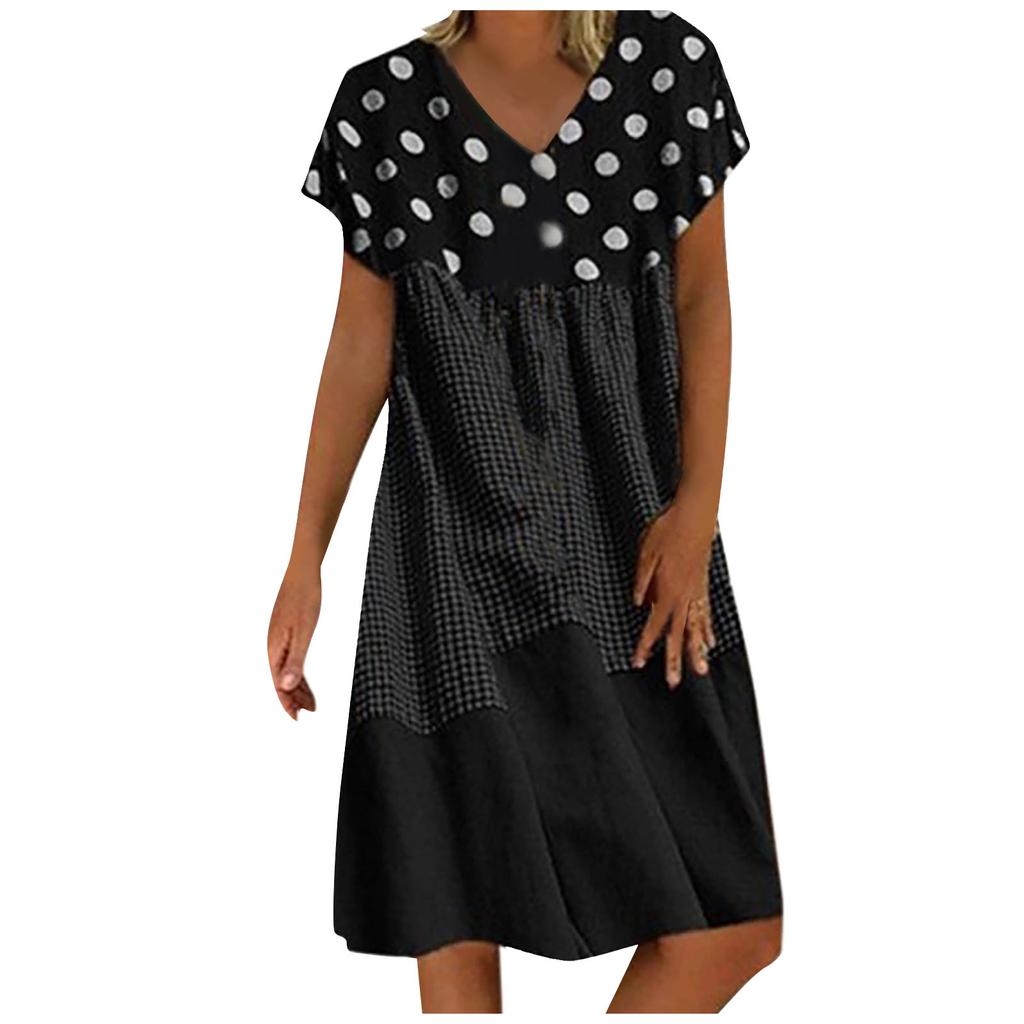 Модное женское свободное клетчатое платье с волнистыми точками в стиле пэчворк с v-образным вырезом и короткими рукавами