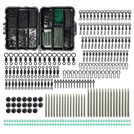 300Pcs/Set Carp Fishing Accessories Set with Storage Box Assorted Swivels Screws Pins Soft Tube Sleeve Blocking Bean Carp Fishing Gear Equipment Kit