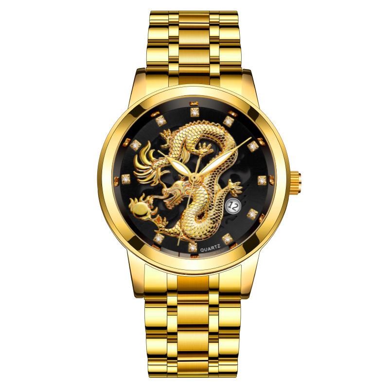 Fashion Men's Calendar Watch with Steel Band Waterproof Quartz Watch with Dragon Design