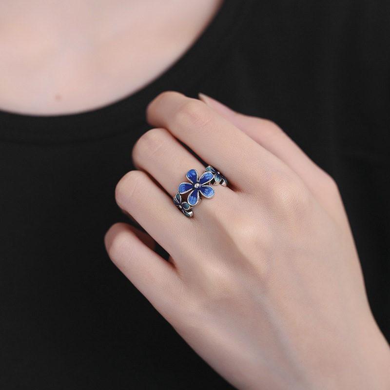 Adjustable Open Ring With Enamel Floral Design Vintage Boho Style Copper Finger Women Men