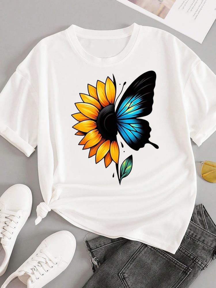 (Asian Size) Sweet Flower Feather Short Sleeve T-shirts Women's Top T Female Print Fashion O-neck Casual Clothing Graphic Tee