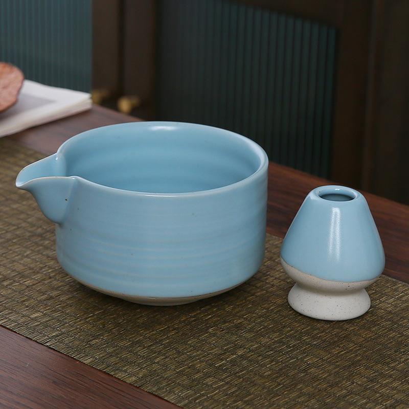 2PCS New Ceramic Matcha Bowl Set With Pouring Spout Reusable Tea Whisk Holder Food Grade Handmade Japanese Green Tea Bowl