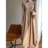 Women's Solid Color Velvet Knit Pullover Mid-Length Dress - Long Sleeve, Half High Neck, Over-the-Knee Style