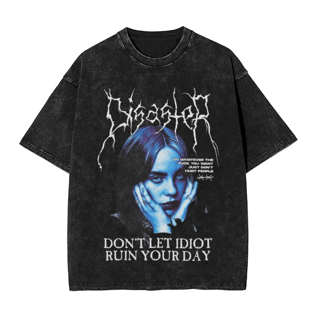 Singer BBillieGirl Eeilish Music Vintage Washed T Shirt Unisex Cotton Clothes Printed Round Neck Short Sleeve