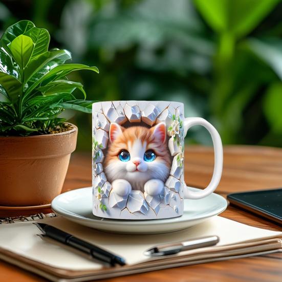 Cat Ceramic Mug 11 Oz Ceramic Drinking Mug Classic 3D Bookshelf Water Cup Christmas Cat Lovers Gift