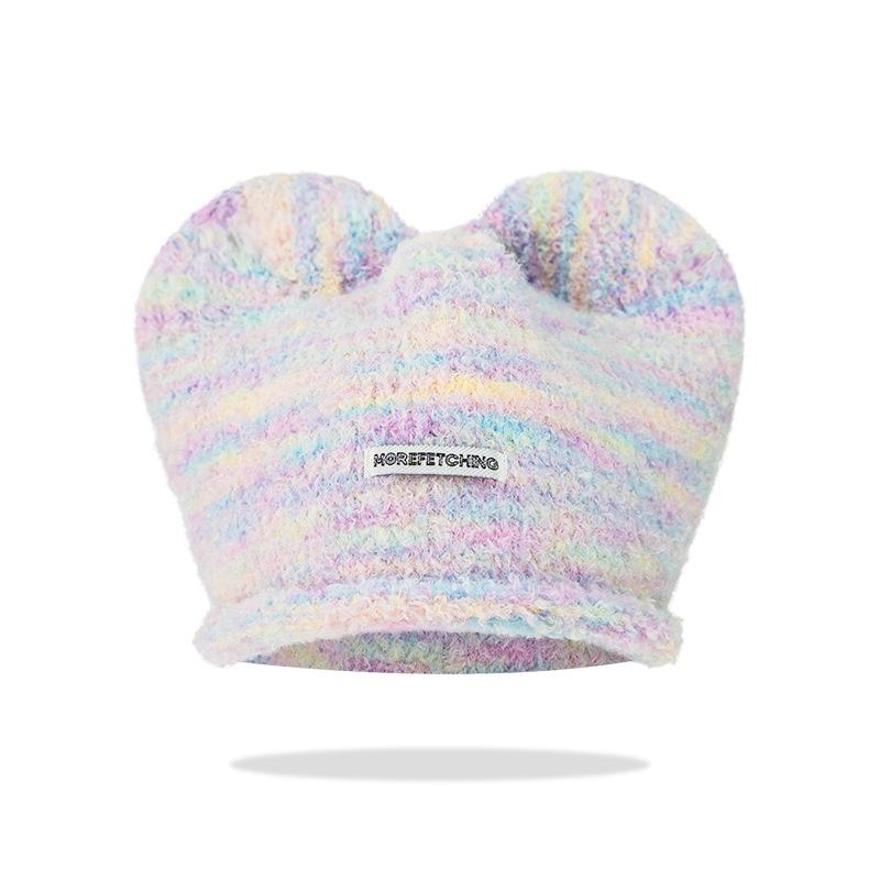 Корейская версия шапки с ушками Микки, вязаной из смесовой пряжи, милая универсальная осенне-зимняя теплая шапка для защиты ушей, открывающая лицо, маленькая шерстяная шапка, в наличии