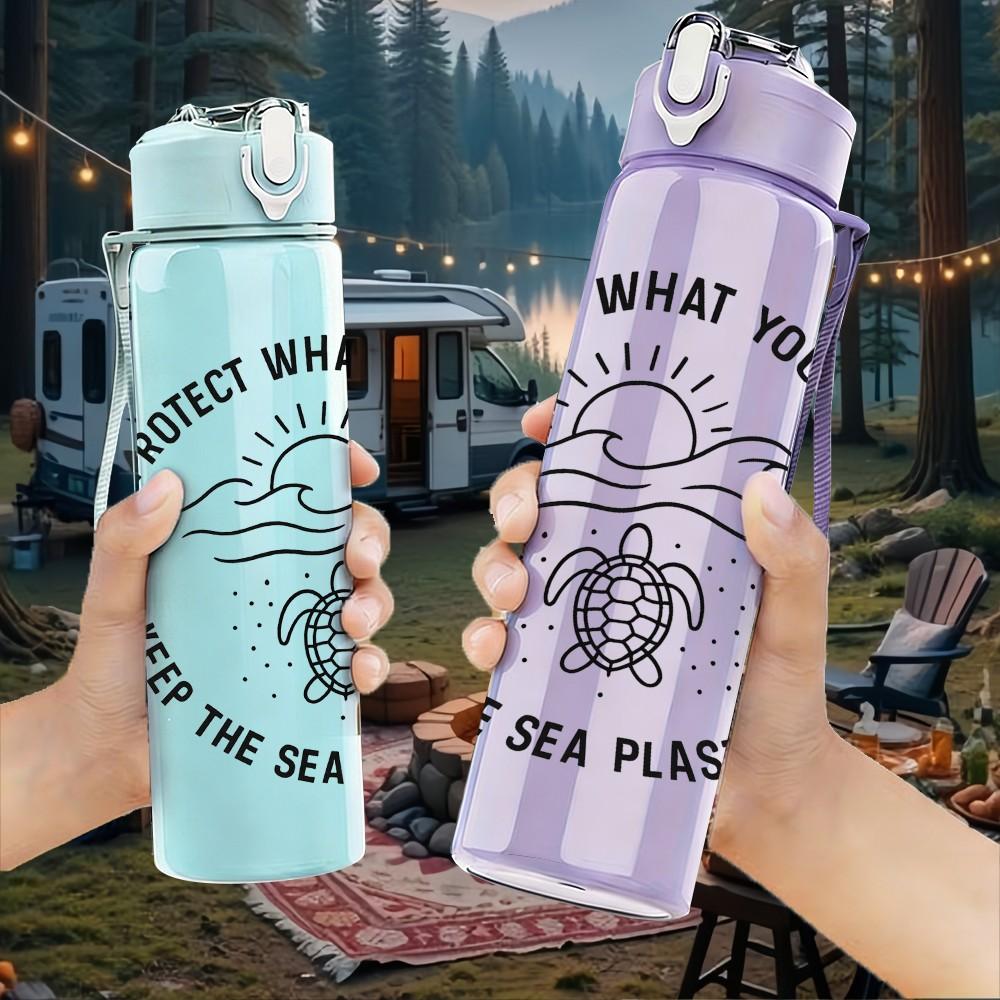 1PC Protect What You Love Ocean Print 750ml Color Plastic Sports Water Bottle Leakproof Flip Straw Lid Suitable for Sports Office Home Use