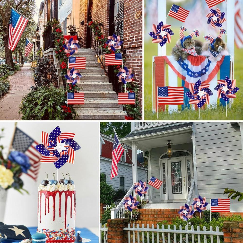Patriotic Pinwheels Flags Set 250 Anniversary Fourth of July Decor Accessories Outdoor for Independence Day Party Supplies