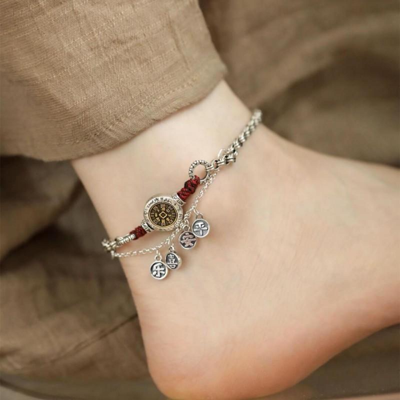 Vintage Chinese Style Anklet Women - Plated Charm With Red Braided Cord Ethnic Boho Jewelry