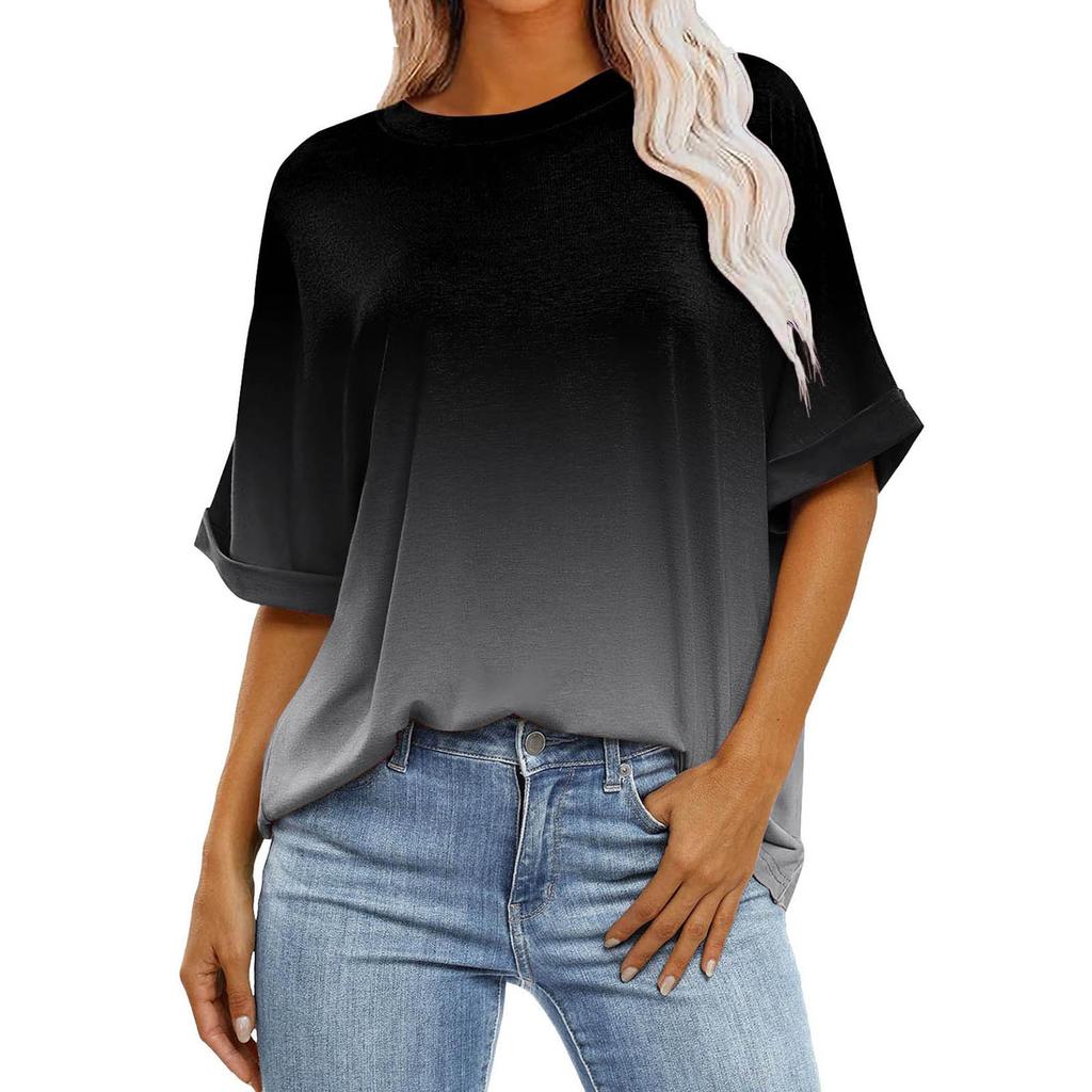 Женская свободная объемная футболка в градиентную полоску с круглым вырезом и длиной до плеч, с короткими рукавами, топ