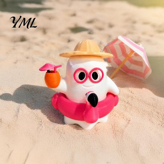 Ghost Figurines for Tabletop 3D Printed Summer Figurine, Cute Beach Theme Ornament with Unique Gift Friends Straw Hat Swimming Ring And Gasses