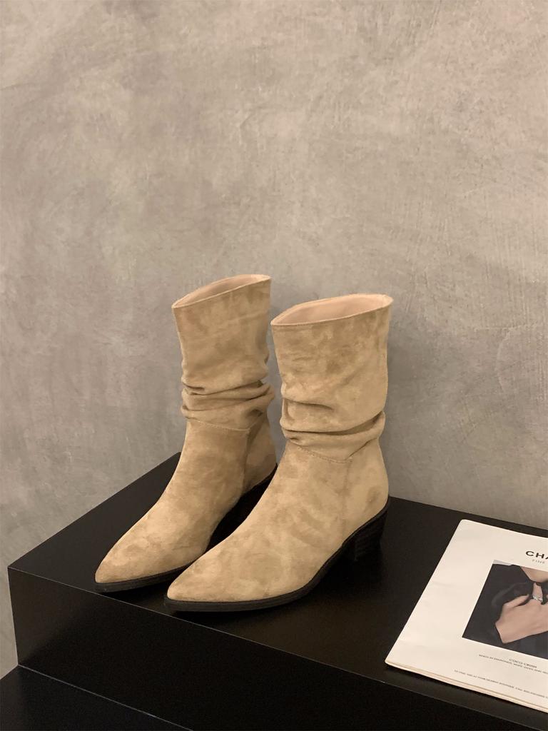 Туфли-лодочки на высоком каблуке, замшевые, цвета хаки, тонкие, французские, короткие ботильоны, женская обувь 2025, новые ботильоны на наборном каблуке, весенне-осенние одинарные ботильоны